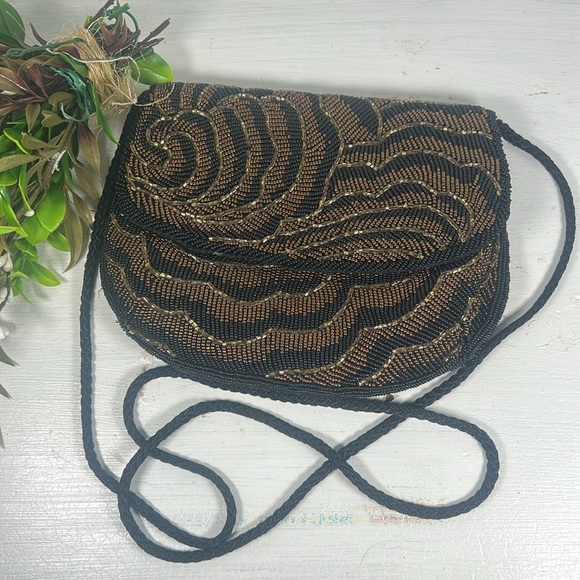 Chadwick Elegant Black Gold Beaded Crossbody Shoulder Evening Bag Rope Strap - Picture 6 of 14